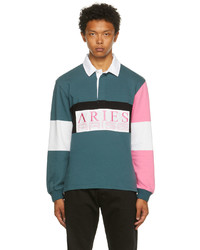 Aries Blue Pink Colorblocked Rugby Long Sleeve Polo