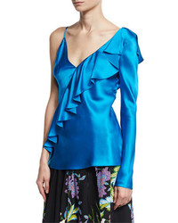 Diane von Furstenberg Satin Asymmetric Ruffle Blouse Turquoise