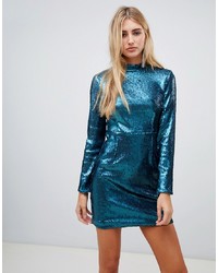 Missguided Sequin High Neck Bodycon Mini Dress In Teal