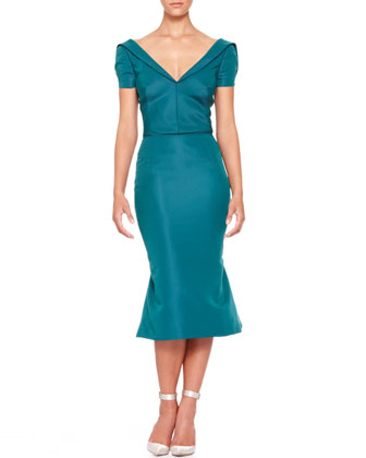 Zac Posen Short Sleeve Silk Duchesse Dress Teal, $2,290 | Neiman Marcus ...