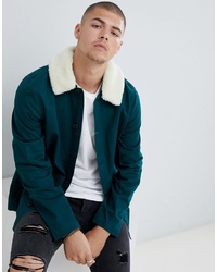 ASOS DESIGN Worker Jacket In Bottle Green With Borg Collar