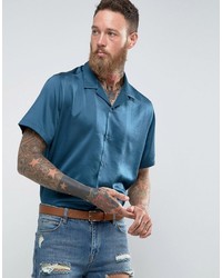 Asos Oversized Sateen Shirt With Revere Collar In Teal