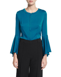 Milly Ruthie Bell Sleeve Stretch Silk Crepe Blouse Azure