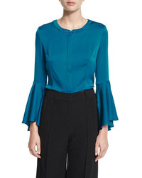 Milly Ruthie Bell Sleeve Stretch Silk Crepe Blouse Azure