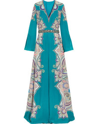 Etro Embellished Paisley Print Silk Gown Teal