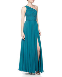 Halston Heritage One Shoulder Ruched Chiffon Gown Teal
