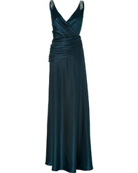 Collette Dinnigan Teal Silk Satin Gown With Crystal Embellisht