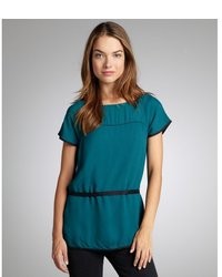 French Connection Teal And Black Crepe Short Sleeve Tie Waist Blouse