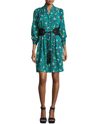 Marc Jacobs Painted Flowers Belted Silk Jacquard Shirtdress Blue