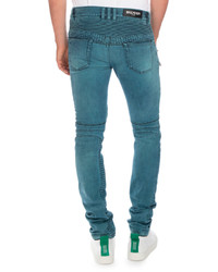 Balmain Skinny Denim Biker Jeans Turquoise
