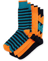 Neiman Marcus Three Pair Sock Set Blueturquoiseorange