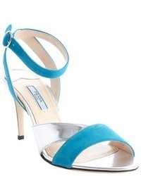 Prada Teal And Silver Suede Leather Strappy Sandals