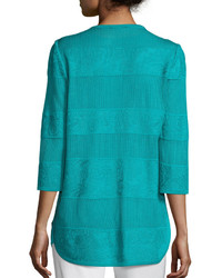 Misook Textured Lines Long Jacket Turquoise Petite