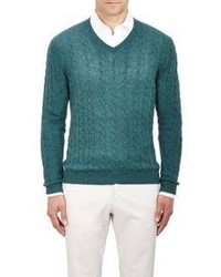 Malo Cable V Neck Sweater Green
