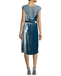 Bottega Veneta Devore Cap Sleeve Belted Velvet Dress Blue