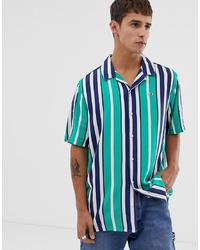 Tommy Jeans Vertical Stripe Short Sleeve Shirt With Pique Flag Logo In Green