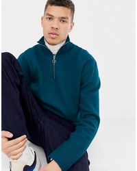 ASOS WHITE Boxy Jumper In Dark Teal Structured Knit With Zip Neck
