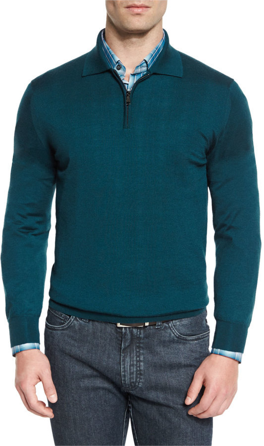 Brioni Cashmere Silk Quarter Zip Polo Sweater Blue, $1,225 | Neiman ...