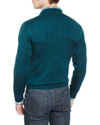 Brioni Cashmere Silk Quarter Zip Polo Sweater Blue