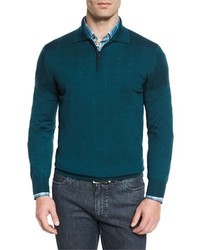 Brioni Cashmere Silk Quarter Zip Polo Sweater Blue
