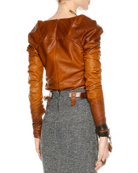 Tom Ford Shirred Long Sleeve Degrade Leather Top Cognac