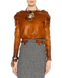 Tom Ford Shirred Long Sleeve Degrade Leather Top Cognac