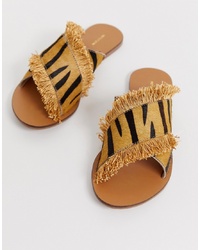 PrettyLittleThing Cross Over Flat Sandals With S In Tan Animal Print
