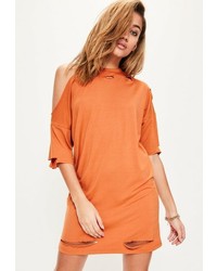 Missguided Orange One Shoulder Distressed T Shirt Dress