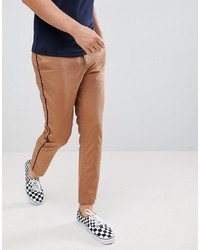 ASOS DESIGN Slim Cropped Trousers In Camel With Black Side Piping