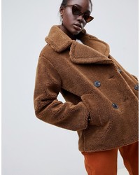 Warehouse Double Breasted Teddy Coat In Tobacco