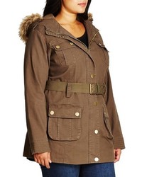 City Chic Plus Size Faux Fur Trim Hooded Belted Utility Jacket