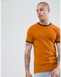 ASOS DESIGN Muscle Fit T Shirt With Contrast Ringer In Brown
