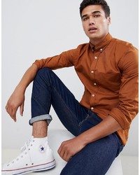Celio Long Sleeve Oxford Shirt In Tobacco