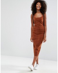 Asos Cord Stretch Dress In Awkward Length In Brown