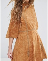 Moon River Faux Suede Mid Sleeve Dress With Trim
