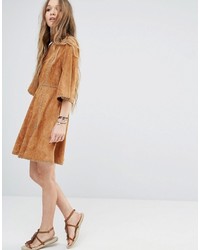 Moon River Faux Suede Mid Sleeve Dress With Trim