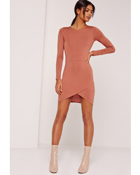 Missguided Asymmetric Hem Long Sleeve Jersey Dress Brown