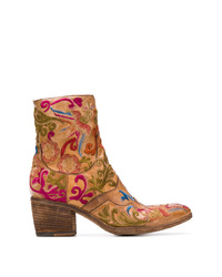 Tobacco Embroidered Leather Ankle Boots