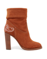 Tobacco Embroidered Suede Ankle Boots