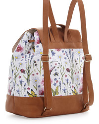 Neiman Marcus Botanical Print Tassel Flap Top Backpack Floralcognac