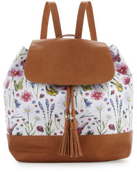 Neiman Marcus Botanical Print Tassel Flap Top Backpack Floralcognac