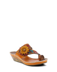 Tobacco Floral Leather Wedge Sandals