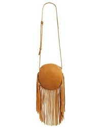Street Level Fringe Faux Leather Round Crossbody Bag Brown