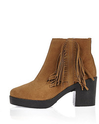 River Island Brown Suede Fringed Heeled Ankle Boots