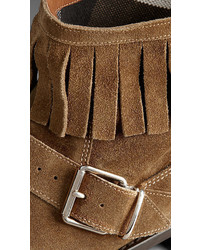 Burberry Fringe And Check Detail Suede Ankle Boots