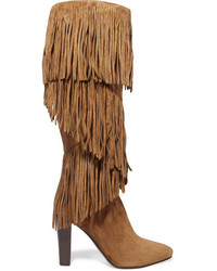 Saint Laurent Lily Fringed Suede Knee Boots Light Brown