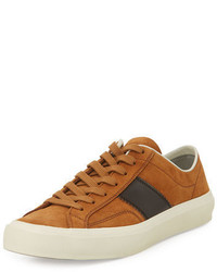 Tobacco Horizontal Striped Suede Low Top Sneakers
