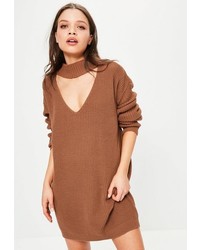 Missguided Brown Choker Neck Mini Knit Sweater Dress