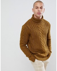 ASOS DESIGN Heavyweight Cable Knit Roll Neck Jumper In Khaki