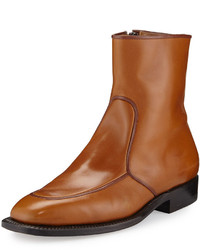 The Row Brando Flat Leather Ankle Boot Caramel